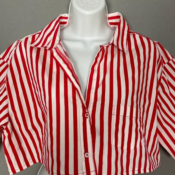 Zara Top Red White Stripes DIY Cropped Boxy Short Sleeves Button-Up Pocket - Picture 4 of 9